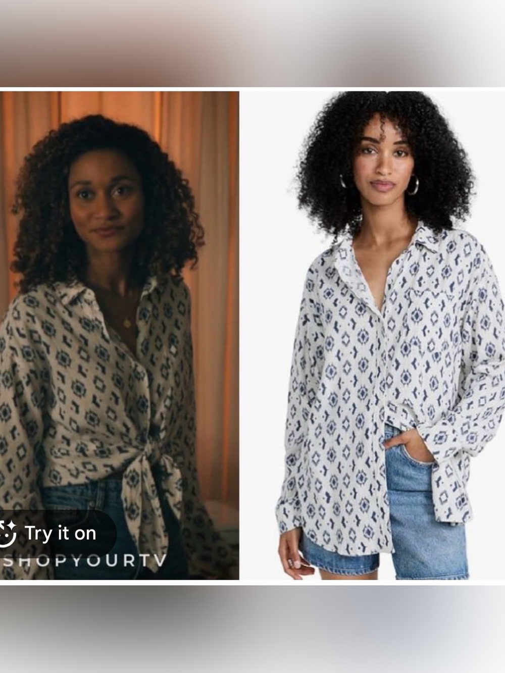 Splendid $110 Linen bland Lightweight White and Navy Printed Button-Up Shirt